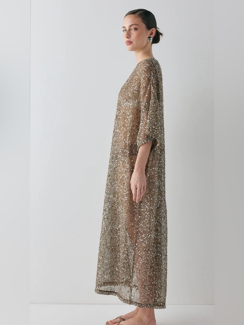 VRG GRL Ivette sheer sequin midi cover up dress in mocha - Picture 4 of 11